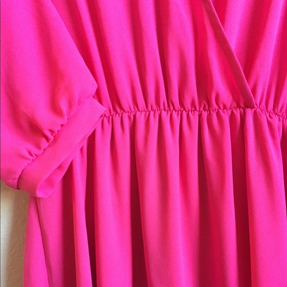 Fuchsia Pink Long Sleeved Dress Cinched Waist - Picture 3 of 6